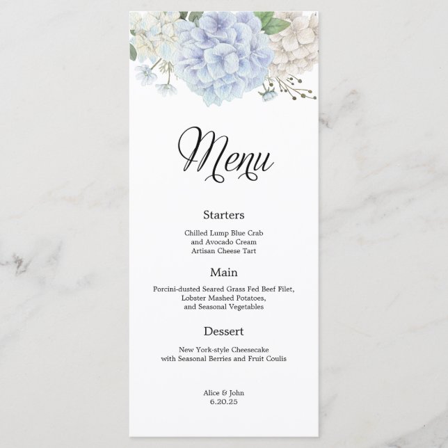 Menu Mariage Dusty Blue Hydrangea (Devant)