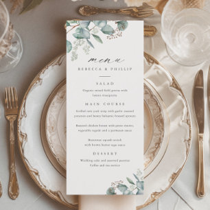 Menu Mariage élégant à l'aquarelle d'eucalyptus et de v
