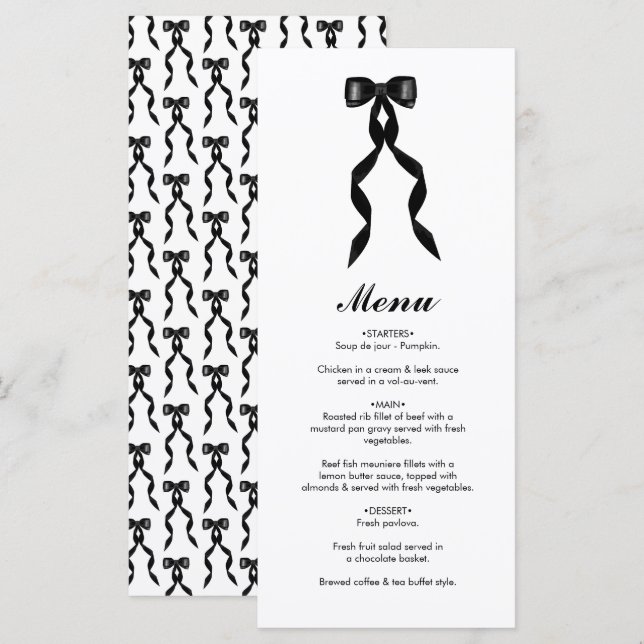 Menu Mariage élégant au ruban noir (Devant / Derrière)