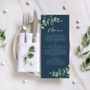 Menu Mariage élégant bleu marine moderne eucalyptus