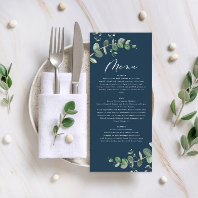 Menu Mariage élégant bleu marine moderne eucalyptus (Créateur téléchargé)