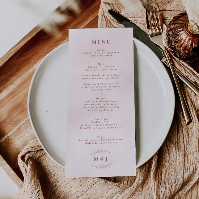 Menu Mariage Élégant Boho Pink à feuilles minimes (Créateur téléchargé)
