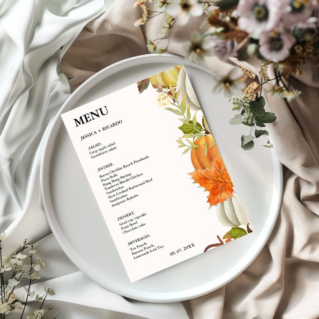 Menu Mariage Élégant Citrouille Automne Feuilles (Créateur téléchargé)