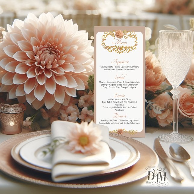 Menu Mariage Élégant Dahlia Rose Script Doré (Créateur téléchargé)
