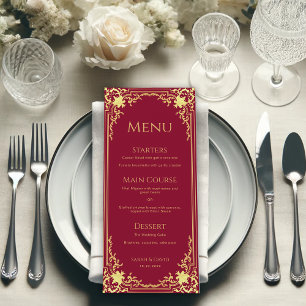 Menu Mariage Élégant Doré Feuille Faux Bourgogne Vintag