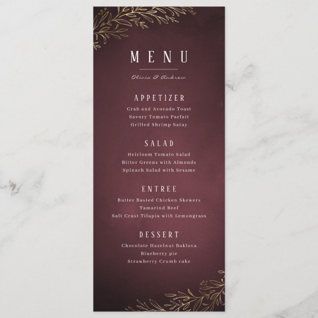 Menu Mariage élégant et botanique en or doré (Devant)