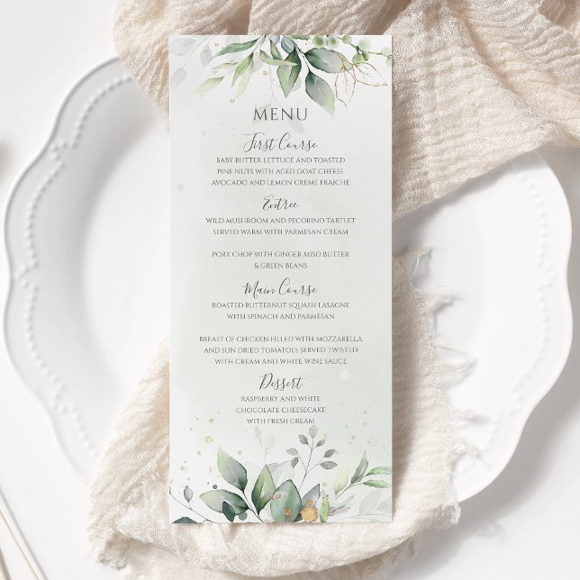 Menu Mariage Élégant Feuilles de Eucalyptus Vert Doré (Créateur téléchargé)