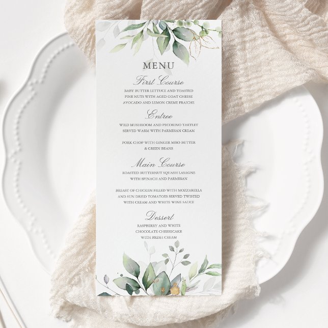 Menu Mariage Élégant Feuilles d'Eucalyptus Vert Doré (Créateur téléchargé)