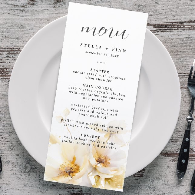 Menu Mariage Élégant Fleur Or Blanc (Elegant Flower White Gold Wedding Menu)