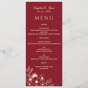 Menu Mariage élégant floral or et burgundy
