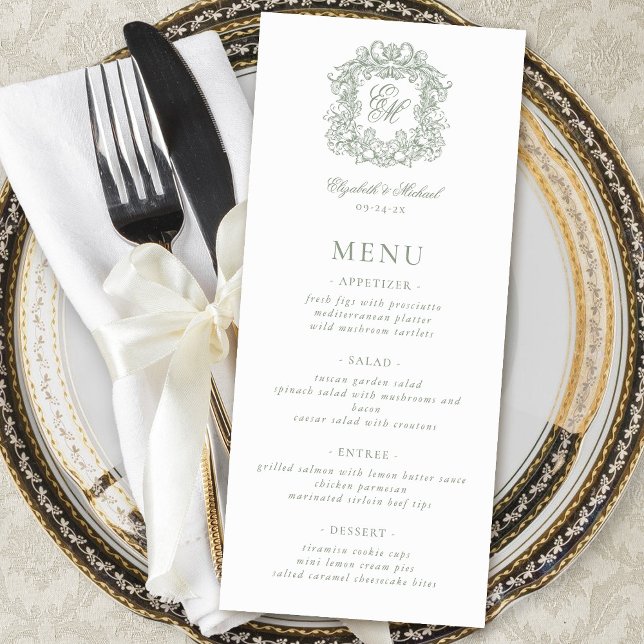Menu Mariage Élégant Formel Monogramme Crête Vert Sauge (Créateur téléchargé)