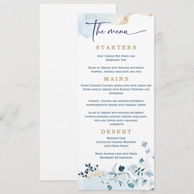 Menu Mariage élégant Marine Bleu et Or (Devant / Derrière)