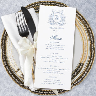 Menu Mariage Élégant Monogramme à Crête Florale Bleue