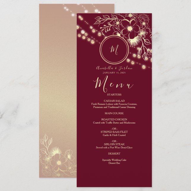 Menu Mariage Élégant Monogramme Bourgogne (Devant / Derrière)