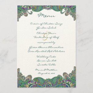 Menu Mariage Élégant Monogramme Paisley Paon Couleurs