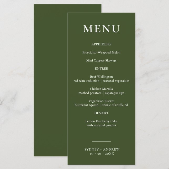 Menu Mariage élégant Olive Green moderne (Devant / Derrière)