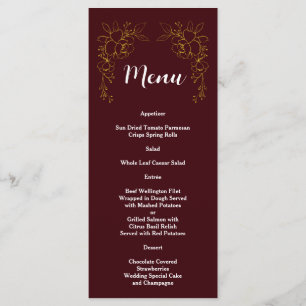 Menu Mariage élégant or floral bordeaux profond 