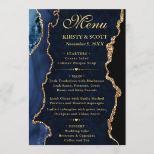 Menu Mariage élégant pailleté de bleu et d'or Agate