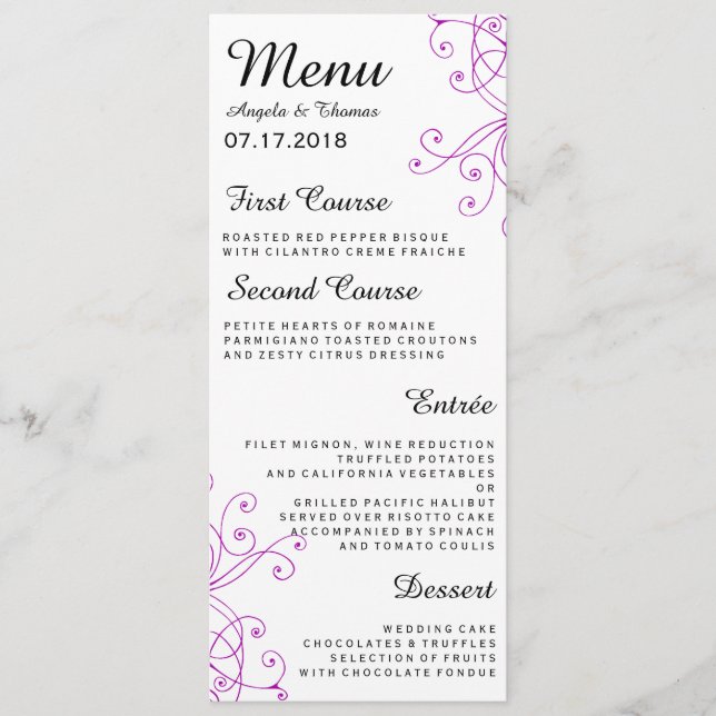 Menu Mariage Elegant Purple Swirls (Devant)