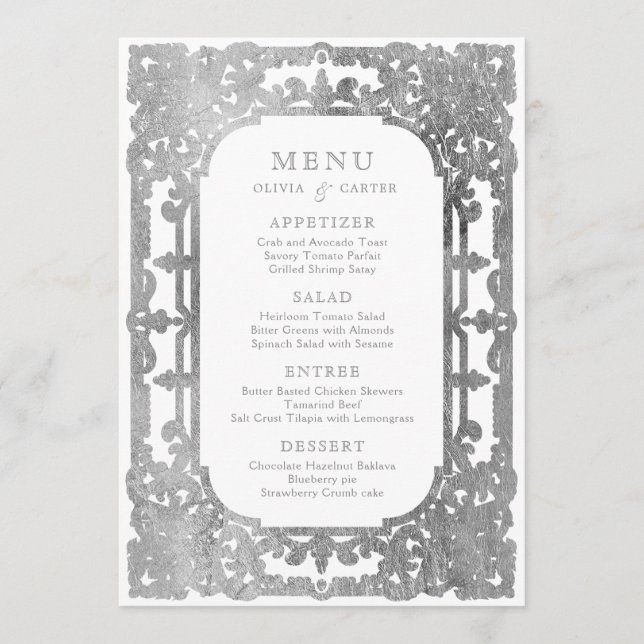 Menu Mariage élégant romantique orné d'argent (Devant)