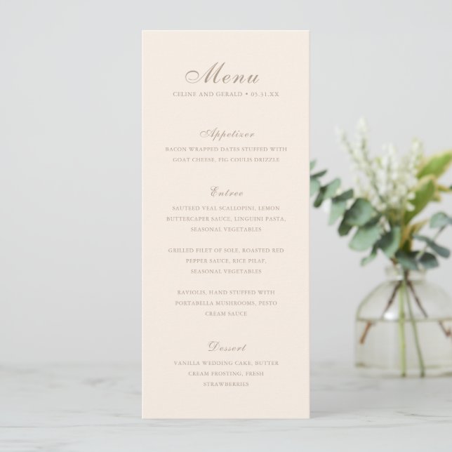 Menu Mariage Élégant Sable Classique (Debout devant)