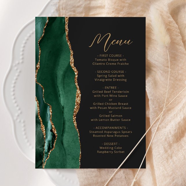 Menu Mariage élégant vert émeraude et or foncé Agate (Créateur téléchargé)