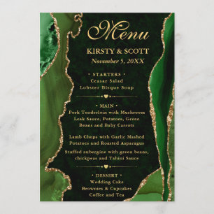 Menu Mariage élégant vert et or avec faux agate scintil