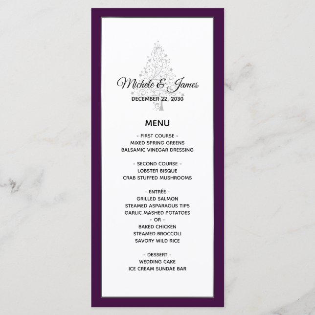 Menu Mariage élégant violet argenté de vacances d'hiver (Devant)