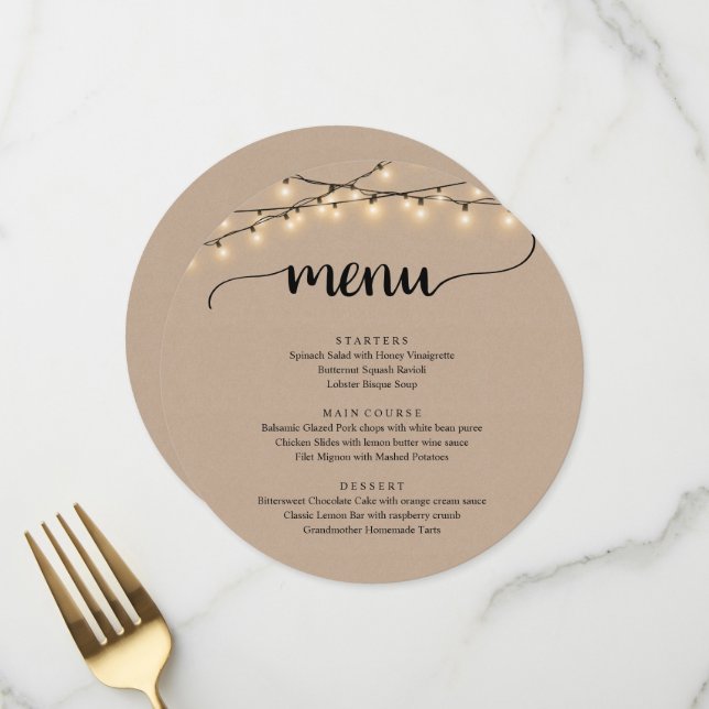 Menu Mariage Elopement Dîner String Lights Kraft Brown (Devant/Arrière en situation)