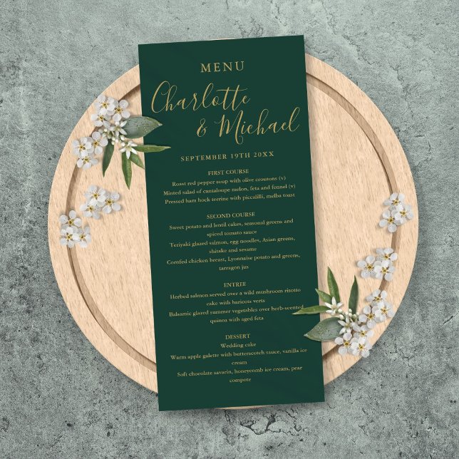 Menu Mariage Emerald Green And Gold Elegant Script (Emerald Green And Gold Elegant Script Wedding Menu)