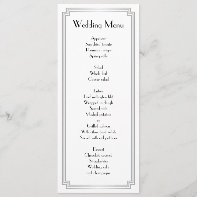 Menu Mariage en argent Gatsby Art déco personnalis (Devant)