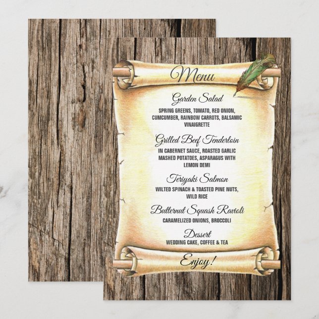 Menu Mariage en bois d'arceau et stylo de plume unique (Devant / Derrière)