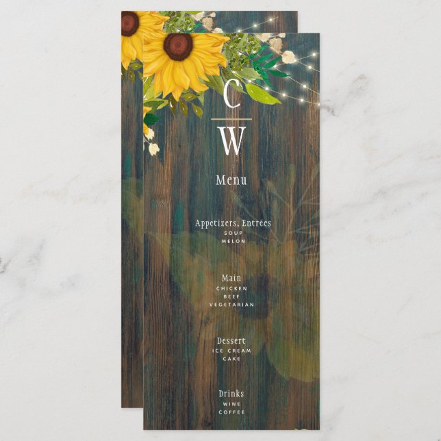 Menu Mariage en bois rustique des tournesols d'été (Devant / Derrière)