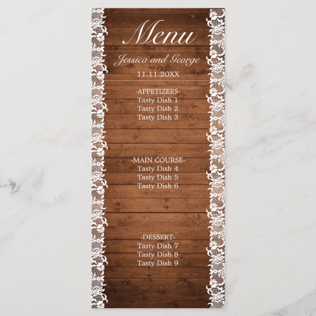 Menu Mariage en bois rustique et dentelle blanche (Devant)