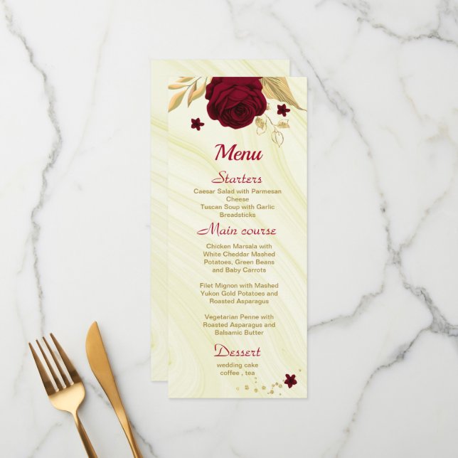 Menu mariage en marbre fleuri or bordeaux (Devant/Arrière en situation)