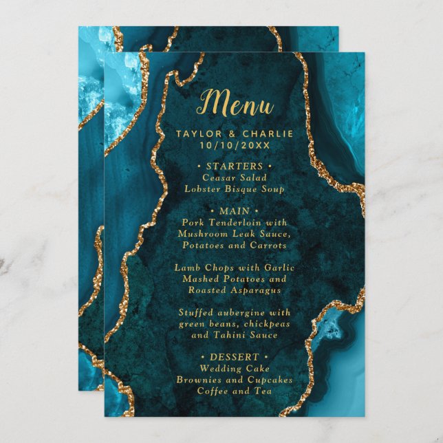 Menu Mariage en marbre turquoise bleu et or Agate (Devant / Derrière)