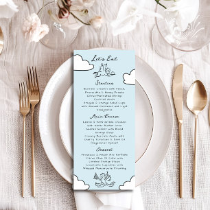 Menu Mariage fait au ciel, douche de mariée dessinée à