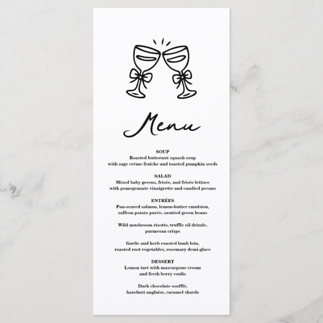 Menu Mariage Fantaisiste Champagne Dessiné à la Main No (Devant)