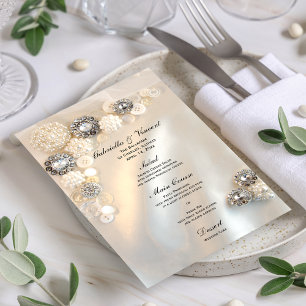 Menu Mariage Faux White Pearl et Diamond Buttons