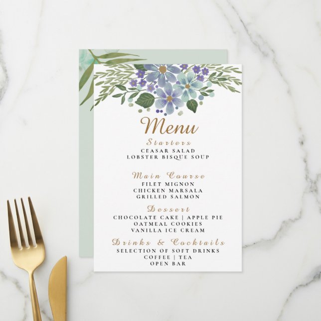 Menu Mariage Feuille 08d Aquarelle (Devant/Arrière en situation)