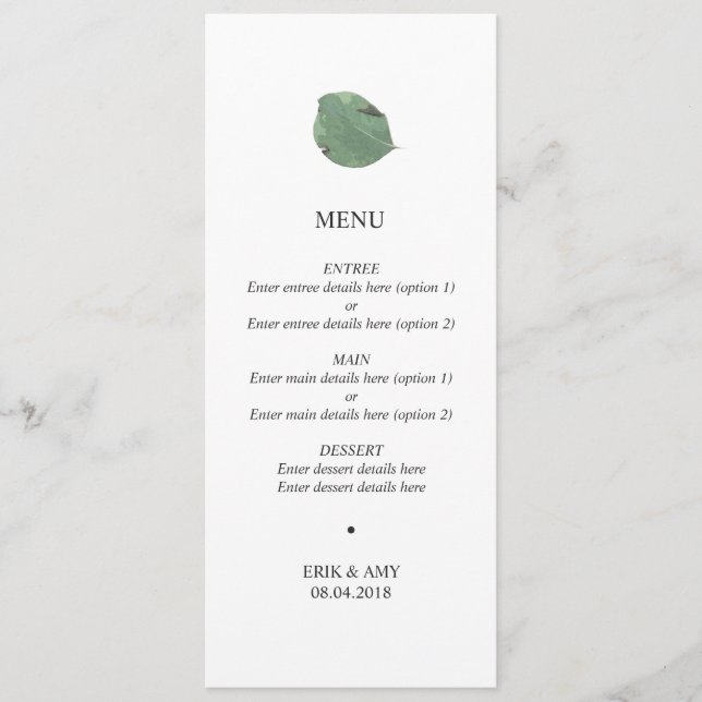 Menu mariage feuille aquarelle (Devant)