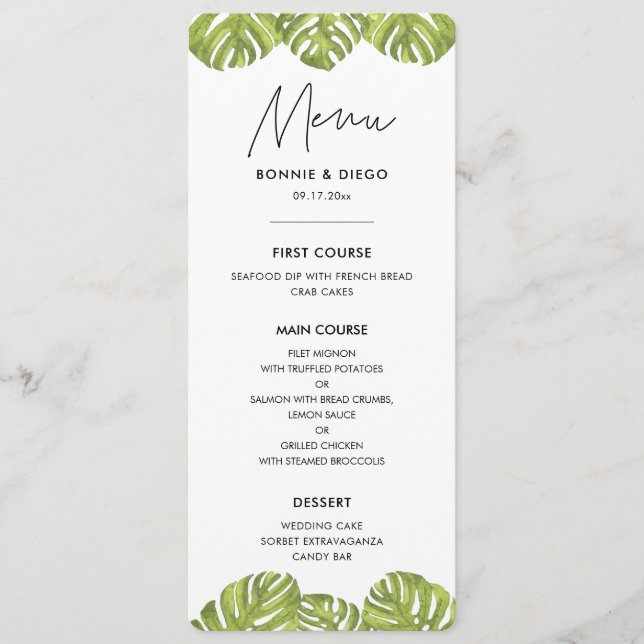 Menu Mariage feuille de palmier vert tropical (Devant)