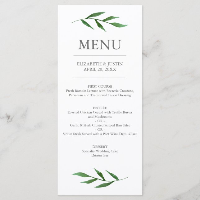 Menu Mariage Feuille Élégant Aquarelle (Devant)