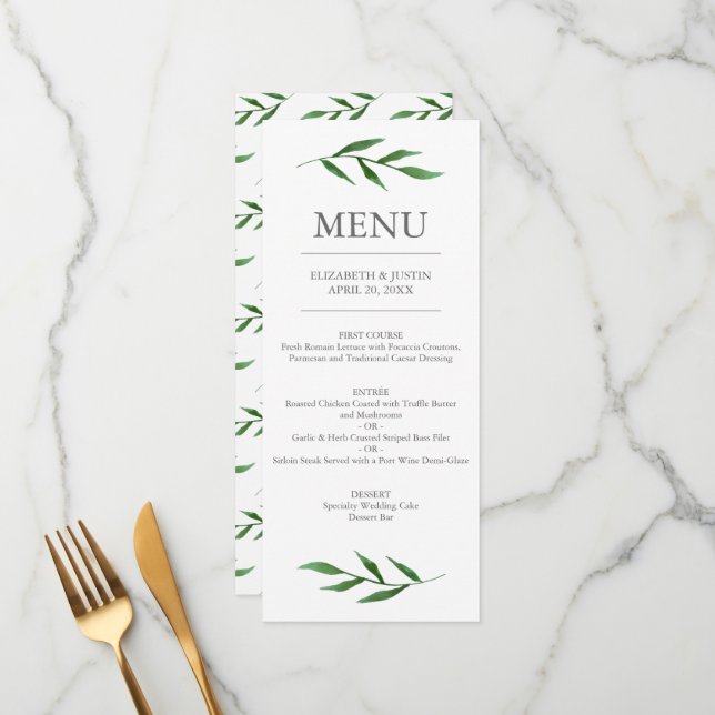 Menu Mariage Feuille Élégant Aquarelle (Devant/Arrière en situation)
