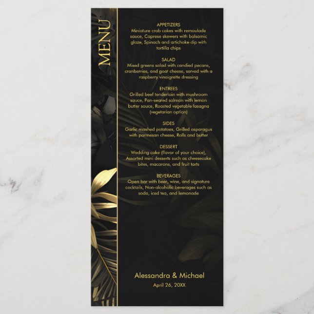 Menu Mariage Feuille moderne Black Gold Tropical (Devant)