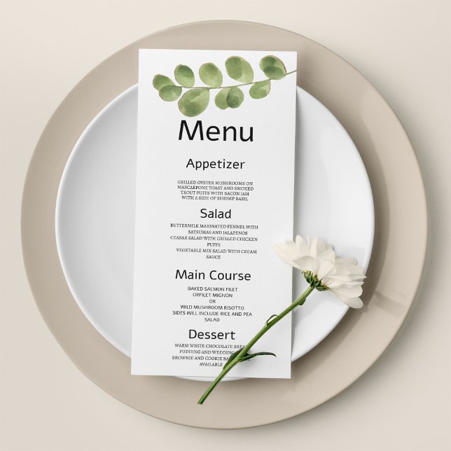 Menu Mariage feuille simple or vert eucalyptus (Simple green gold eucalyptus leaves Wedding Menu )