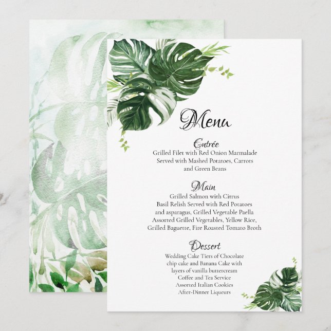 Menu Mariage Feuille Tropical Green Monstera (Devant / Derrière)