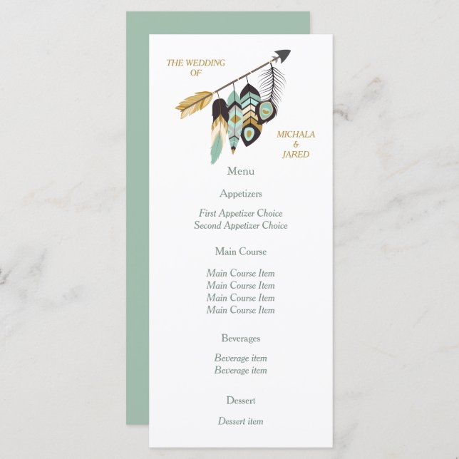 Menu Mariage Flèche en plumes turquoises (Devant / Derrière)