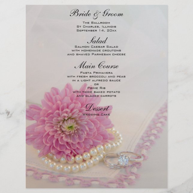 Menu Mariage Fleur rose, dentelle et anneaux (Devant)