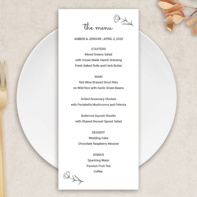 Menu Mariage fleur sauvage (Wildflower Wedding Menu Card by Fiesta Valley Print)